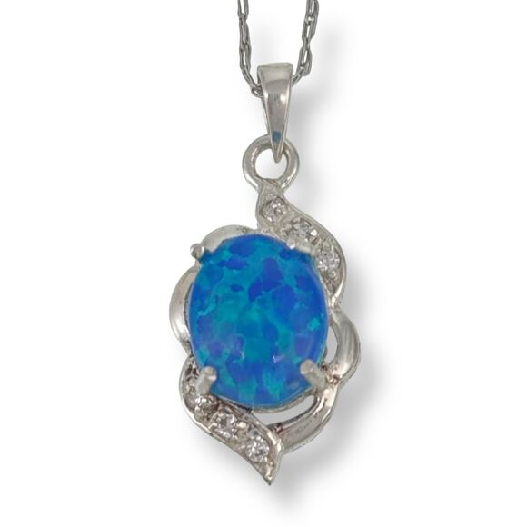 Sterling Silver 925 Lab Created Blue Opal CZ Accent Pendant ONLY - Picture 1 of 4